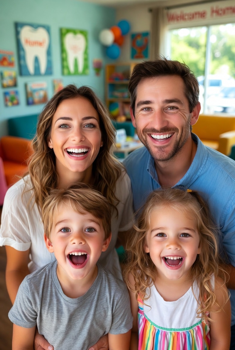 Happy family smiling at Carrollwood Smiles dental office in Tampa, FL